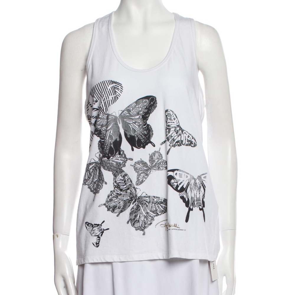 ROBERTO CAVALLI Vintage Y2K MOTO BOHO White Studded Butterfly Tank Top L RARE!
